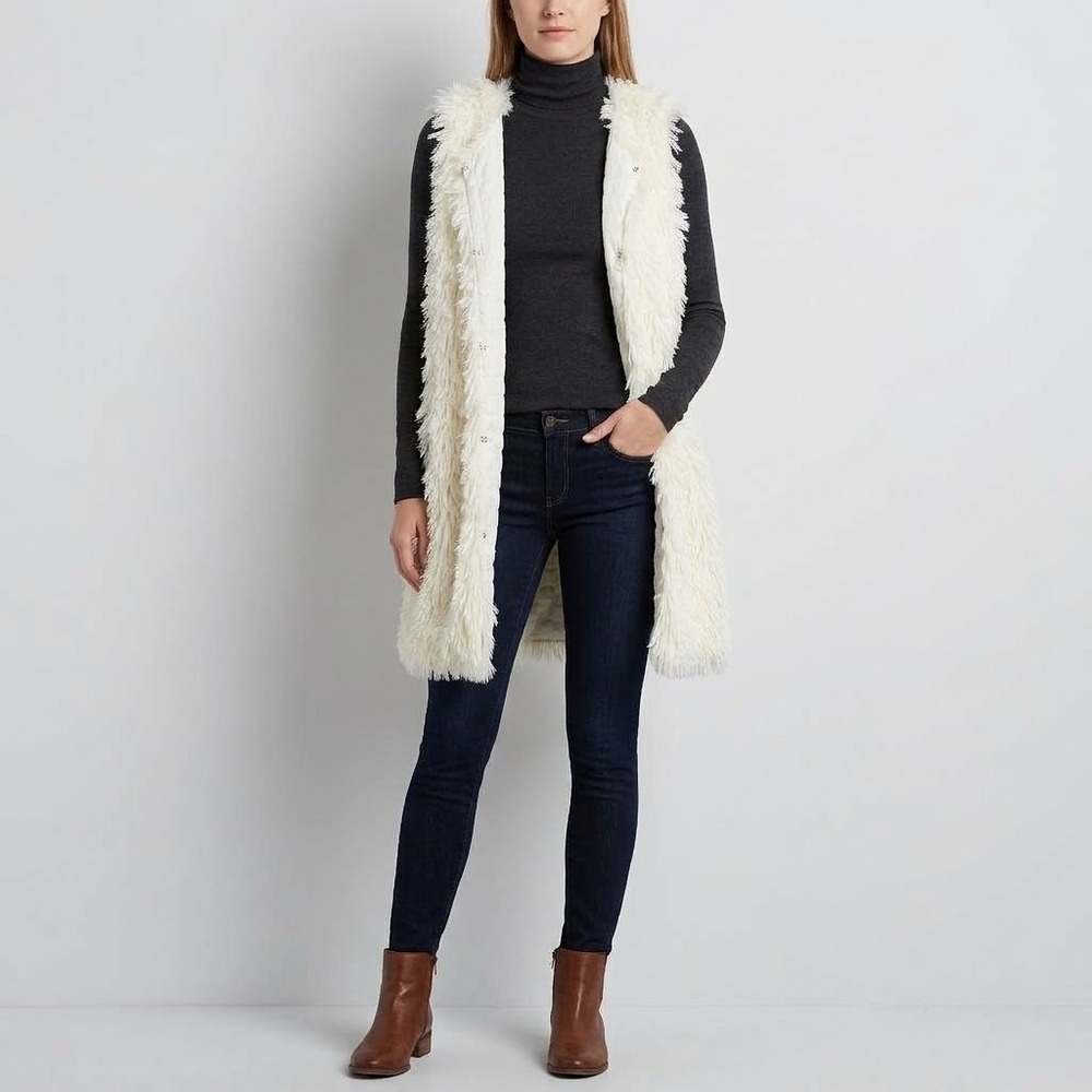 Democracy Womens Cream Shaggy Faux Fur Quilted Lined Vest Size Large B0839TQRS